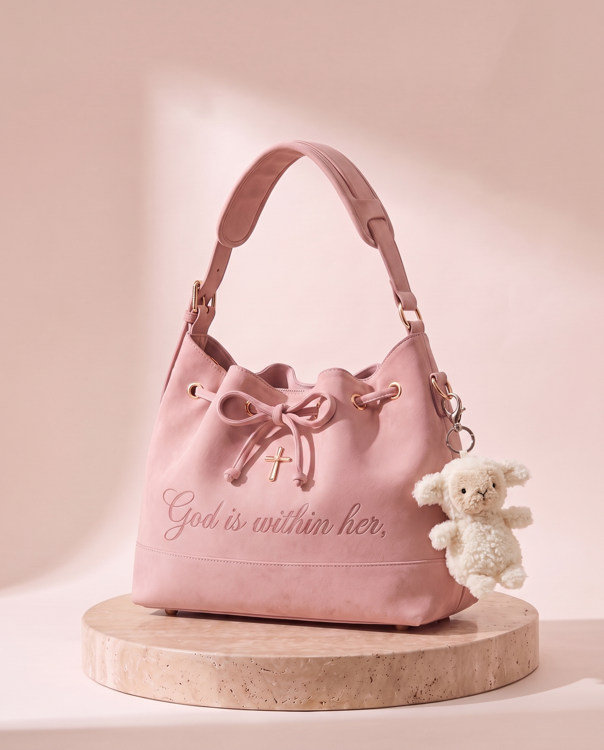 The bag with the plush Sheep Charm clipped to its side ring