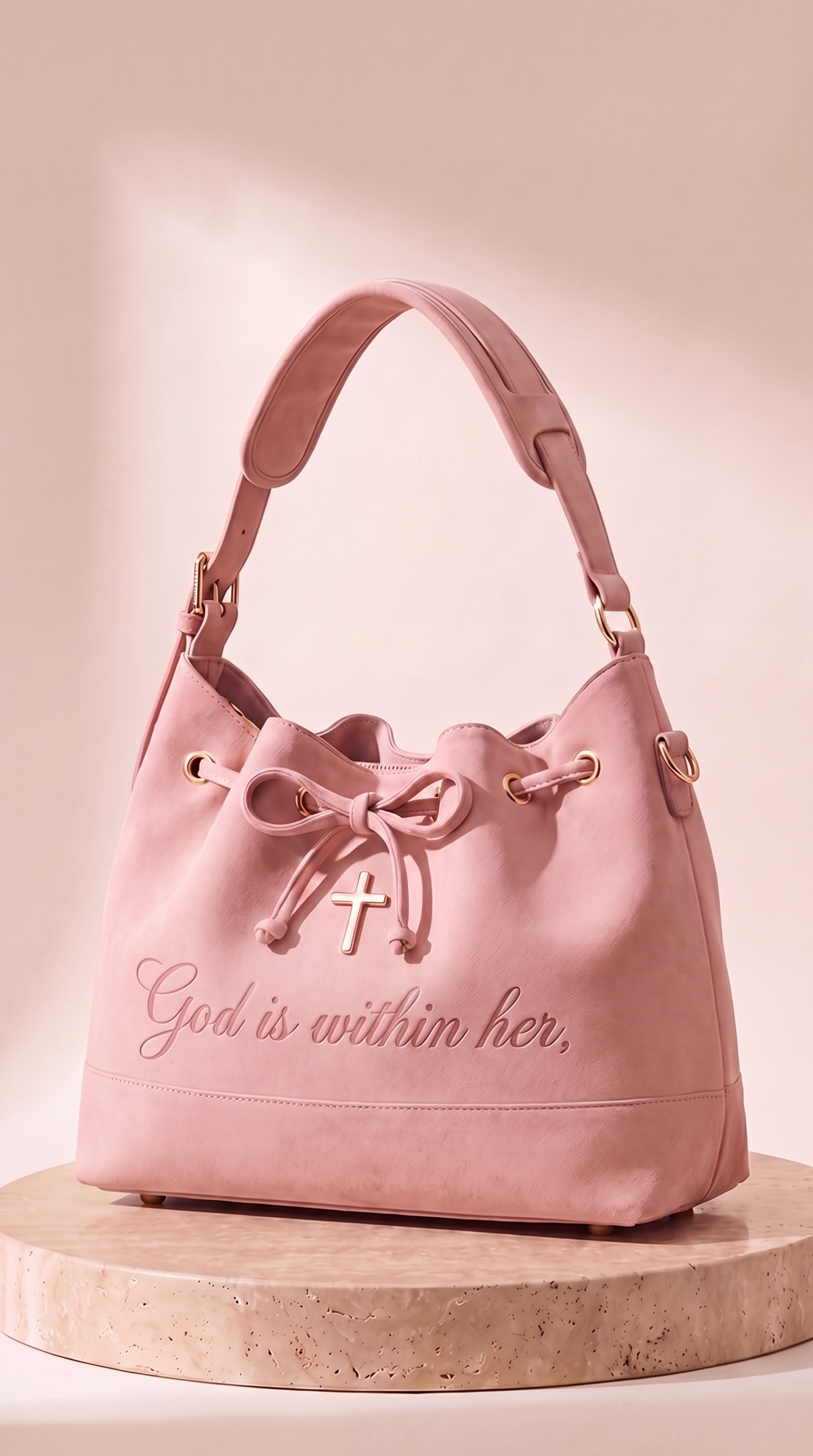 The 46:5 Bag: blush pink suede Christian bag with a rose-gold cross and "God is within her." debossed on the front