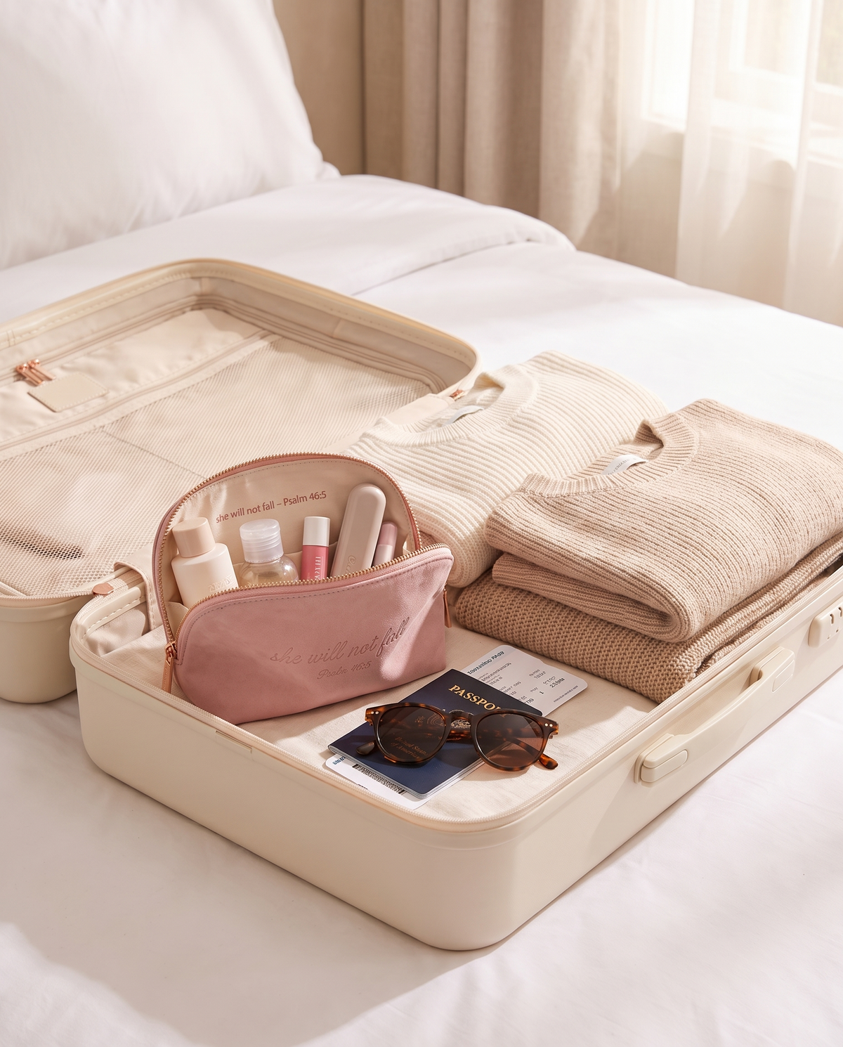 The 46:5 Pouch packed in a suitcase with travel-size skincare