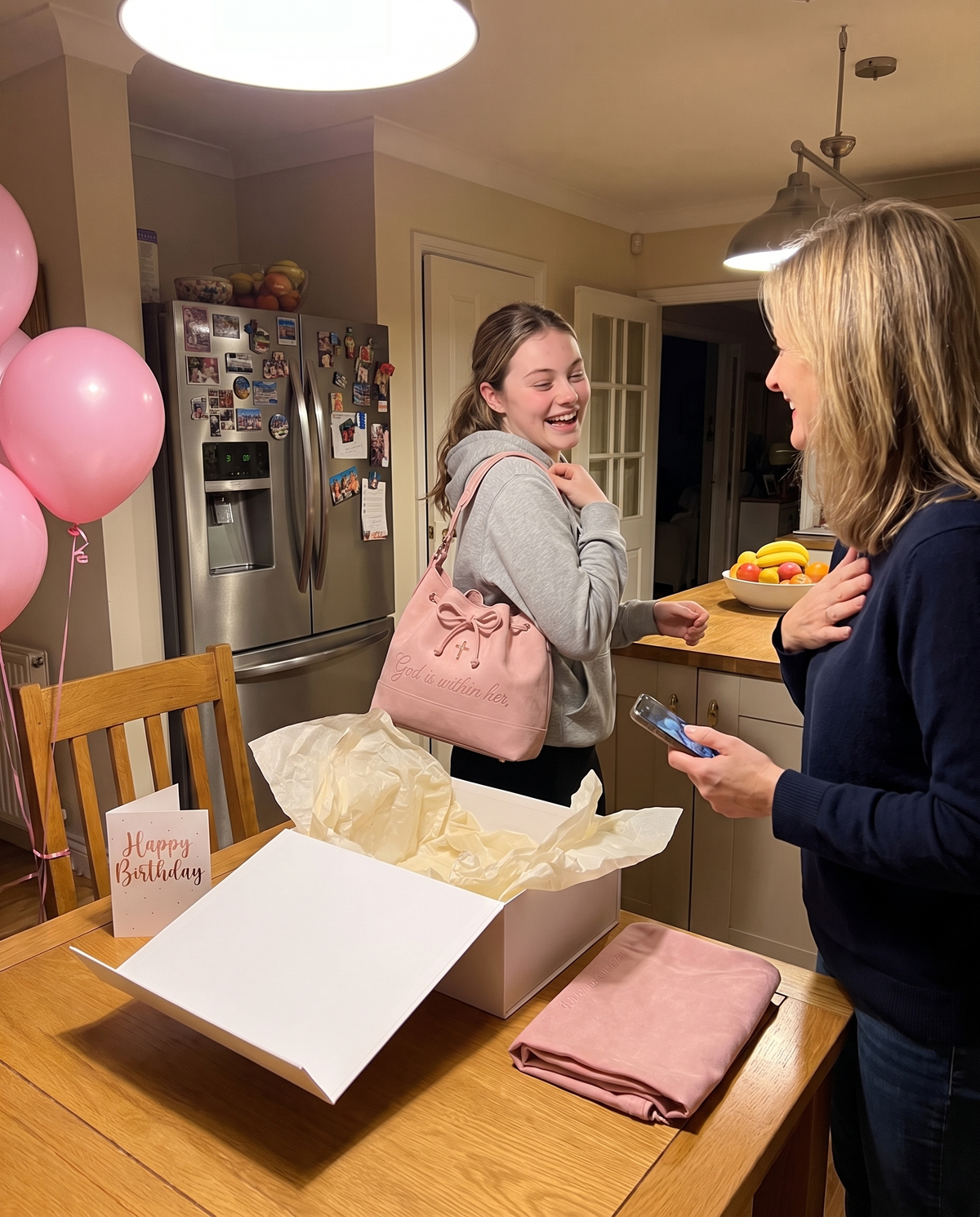 A girl trying the bag on right after opening it as a birthday gift