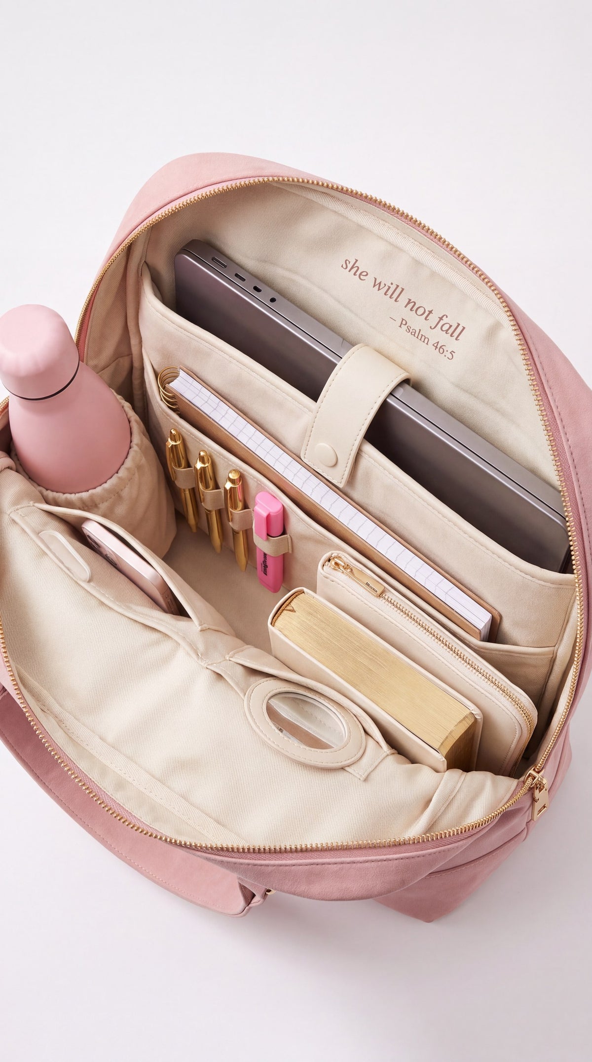 Inside the Christian bag: a 14-inch laptop, Bible, water bottle and journal