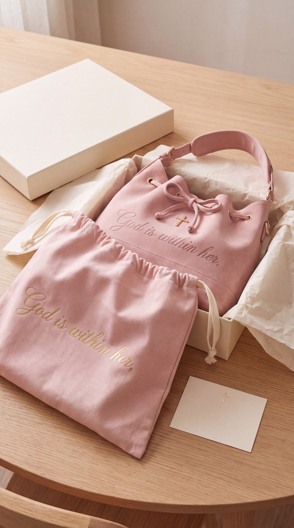 The 46:5 Bag unboxed with its blush dust bag, gift box and verse card